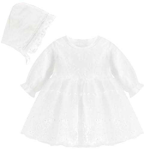 YFNVH 2 Stück Baby Mädchen Taufkleid 9-12 Monate Kleinkind Neugeborene Weiß Spitze Taufkleid mit Hut Langarm Outfit für Baby Shower Hochzeit Geburtstag Party