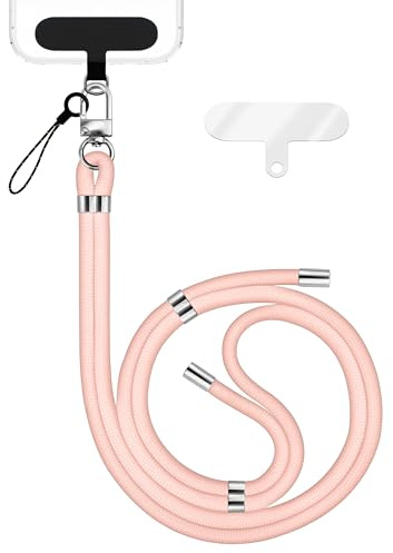NALIA Cordon Téléphone Universel pour Smartphones - Nylon Confort Premium & 2 Patchs - HOLDME (Lanière Tressée avec Mousqueton Argent) - Marque Allemande, Couleur:Rose
