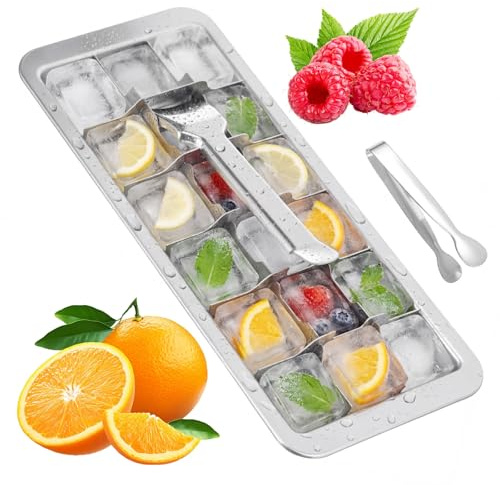 Stainless Steel Ice Cube Trays for Freezer, 18 Slot Metal Ice Cubes Tray with Lever, Vintage Inspired Icecube Moulds Detachable Soup Freezer Tray for Making Various Frozen Foods(with Clamp)