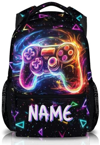 GiftRomance Personalisierter Rucksack mit Namen – Gamer Kinderrucksack Jungen 3–10 Jahre – 17 Zoll Schulrucksack mit Neon Gamepad Design für Schule & Kindergarten