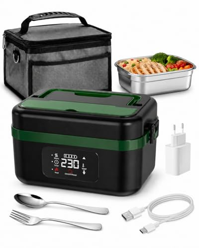 LANMOU Scaldavivande a Batteria, Porta Pranzo Riscaldabile 1000ml, Portatile Scalda Vivande a Batteria Ricaricabile 16000mAh USB-C, Timer, 6 Livelli, Acciaio Inox, Per Ufficio, Viaggio, Cantiere, Auto