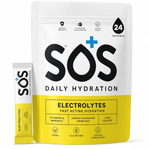 SOS Hydrating Electrolyte Powder (Lemon Flavour - 24 Servings) Best Fast Acting, Low Calorie Rehydration Sports Drink