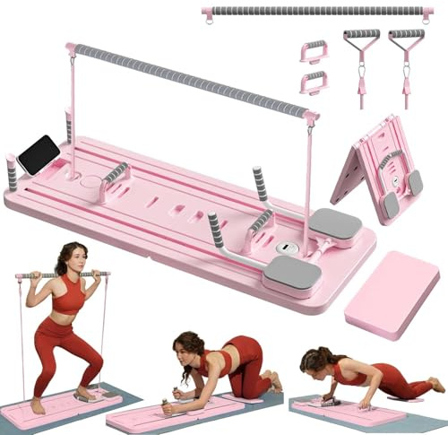 ExeractFit ExeractFit Reformer Pilates per Casa Pilates Board Kit con Barra per Pilate e Fasce di Resistenza Tavola Pilate Multifunzionale Rullo per Addominali Machine(Rosa)