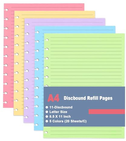 TUL liniertes Nachfüllpapier, A4, 11 Discbounds, gelocht, liniert, Nachfüllpapier, Briefgröße, 5 Farben (20 Blatt/C), insgesamt 100 Blatt/200 Seiten, College liniert, 21,6 x 27,9 cm