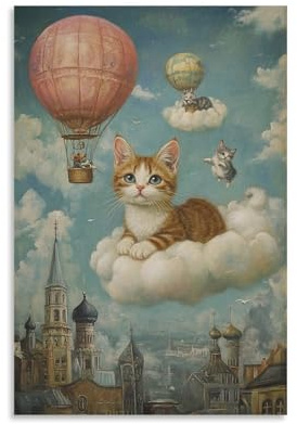 XGKJDS Squisita stampa artistica da parete su tela, poster con gatti surrealisti con gattini che volano in mongolfiera, decorazione moderna per la camera da letto, 60 x 90 cm