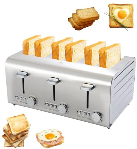 Grille-pain 6 tranches, professionnel en acier inoxydable avec fonction décongélation, 7 niveaux de cuisson, ouverture automatique, 3 interrupteurs de commande