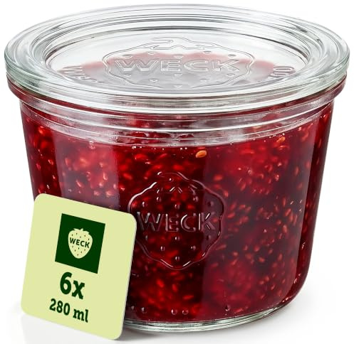 Väckningsglas 370 ml – uppsättning med 6 lock – fallform – robusta, stapelbara konserveringsburkar och konserveringsburkar – perfekt för meal prep, övernattningsoats, dessert och sylt – återanvändbara