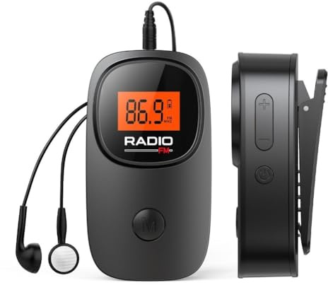 Mini radio FM portatile, con tasca in ABS, con accordatura digitale, stereo e timer di spegnimento, con jack per cuffie da 3,5 mm e LCD retroilluminato, per pendolari, sport, colore: nero