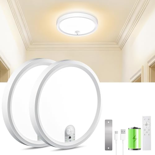 Akku Deckenlampe mit Bewegungsmelder und Magnet,Kabellos LED Deckenleuchte | Wiederaufladbare Deckenleuchte, Aufladbare Lampe Dimmbar Strom- und Bohrerfrei Montierbar für Garage,Keller,Treppe-2 Stück