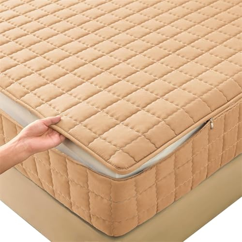 Fodera Materasso Matrimoniale Con Cerniera Copri Proteggi Materasso Imbottito 80x190/200 Personalizzabile Coprimaterasso Sacco Trapuntato Singolo Lavabile Lenzuolo(Cammello,180X200+15cm)