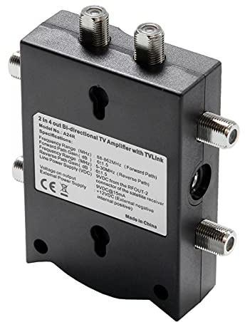 Amplificatore TV bidirezionale Amplificatore di segnale 4 uscite Splitter antenna TV a basso rumore con percorso inverso per uso domestico interno Nero Blu ABS 96x80x26mm
