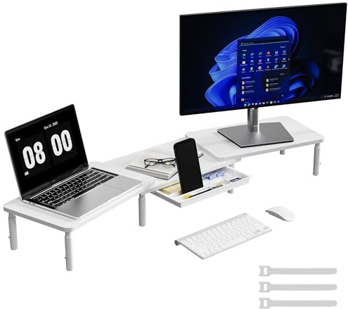 ETHU Dual Monitorständer Holz mit Schublade, Längenverstellbar, Weiß | Ergonomische Bildschirmerhöhung für zwei Monitore; Verstellbare Länge und Winkel mit Handyhalter für Heimarbeit und Büro