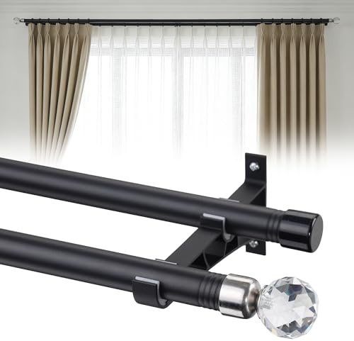 Double Curtain Rod for Window,58 Inch Heavy Duty Adjustable Curtain Rod with Decorative Crystal Finials,Wall Mounted for Bedroom Living Room,1 Inch Black Curtain Pole
