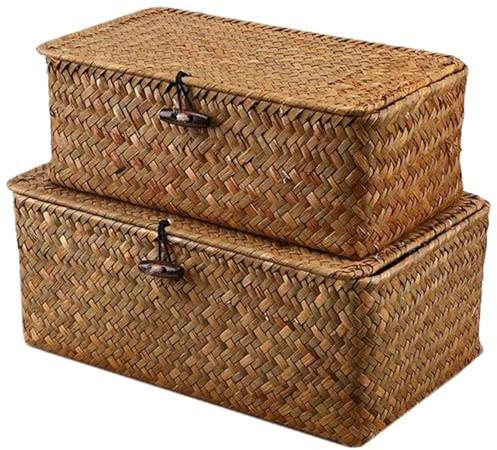 Cesta con tapa, 2 cestas de almacenamiento con tapa de 10 x 6 x 4 y 9 5 3 pulgadas, cestas de almacenamiento de pasto marino fijadas con alambre tejidas con cerradura de madera para almacenar dec