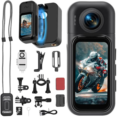 Caméra Action 1080P WiFi avec Objectif Rotatif 180° et Grand-Angle 120° | Écran Tactile 1,47, Carte TF 64GB, Caméra Étanche 30M avec Boîtier, Caméra Casque Moto Bodycam