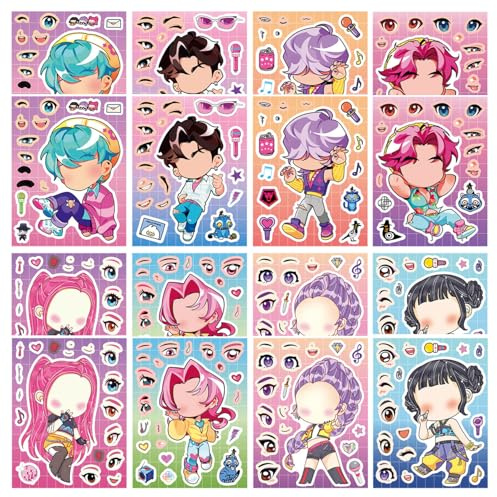 Tabanzhe 16 Sheets Kpop Make a Face Stickers Set, DIY Puzzle Mix and Match Sticker Sheets Cute Korean Pop Music Dress Up Art Craft Activity Decals for Laptop Skateboard Phone Case