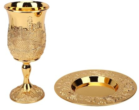 Brrnoo Juego de Copas Kiddush, Cáliz y Plato Religiosos para Vino, Elaborados Artesanalmente en Aleación de Zinc con Diseño Vintage para Bodas, Fiestas y Ceremonias familiares. (color dorado)
