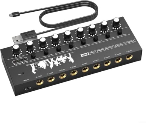 Glewi per mini mixer audio a 6/8 canali con ingresso microfono XLR, mixer di linea per chitarra, basso, podcast, registrazione in studio domestico, nero (8 canali)