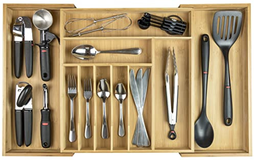 KitchenEdge Besteckkasten und Utensilien-Organizer für Küchenschublade, erweiterbar auf 71 cm Breite, 10 Fächer, 100% Bambus