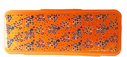 HomestreetUK Bright Hard Shell Plastic Pencil Case with Print, Deep Plastic Pencil Tin Style Stationery or Craft Carry Box Pink Blue Orange (Orange Flowers)