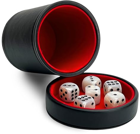 Luck Lab Black Leather Dice Cup with Lid Including 6 Matching Pearl Dice - Red Velvet Interior for Quiet Shaking - Use for Liars Dice Farkle Yahtzee Board Games