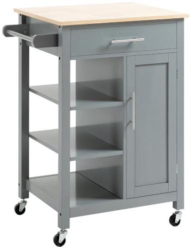HOMCOM Compact Kitchen Trolley Utility Cart on Wheels Storage Drawer Grey | Open Shelf, for Dining Room, Kitchen