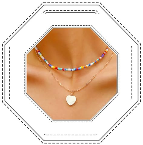 Jovono Boho-Halskette mit mehrlagigem Perlenanhänger, goldfarben, Herzanhänger, Ketten, Strand-Rocailles, Schmuck, für Damen und Mädchen