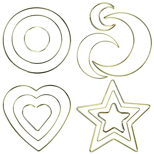 12 Stück Metallringe-Set zum Basteln, Deko Ringe zum Aufhängen Metallringe zum Basteln Drahtringe zum Basteln Pentagramm, Runde, Mond, Herzform 3 Größen für Traumfänger, Wanddeko Hochzeit Dekor, DIY