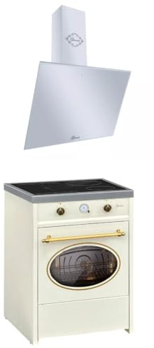 GURARI spis set GCH E 612 Cr GCH D 286 WH 6 Prime, retro induktionsspis stående spis 60 cm, räckviddsblandare, 60 L, gräddvit + köksfläkt, vägghuva, huvudfri huva, vitt glas, frånluft/cirkulationsluft