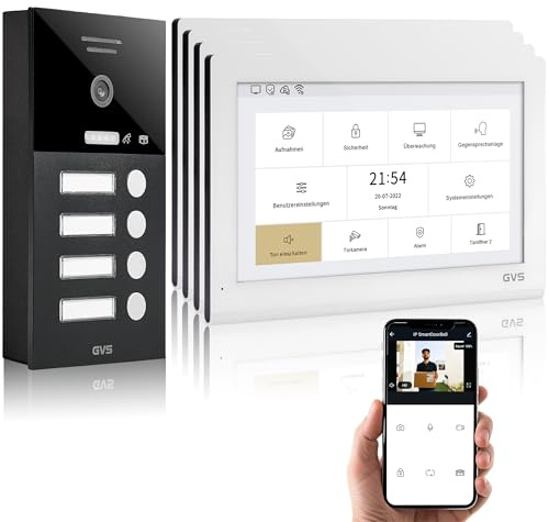 GVS IP Video Türsprechanlage mit Türöffner - 4x10 Monitor & App | Smarte Video Türklingel mit Kamera und Monitor & App - Gegensprechanlage mit Türöffner für 4 Familienhaus (AVS5417A)