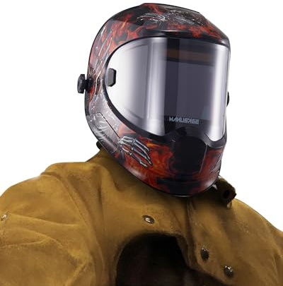 MANUSAGE Panoramic View Welding Helmet Auto Darkening, Welding Hood with 4 Arc Sensor Solar Power, True Color Shade 5-8 and 9-13 Idear for TIG MIG ARC, Adjustable Delay and Sense (E980S Decor)