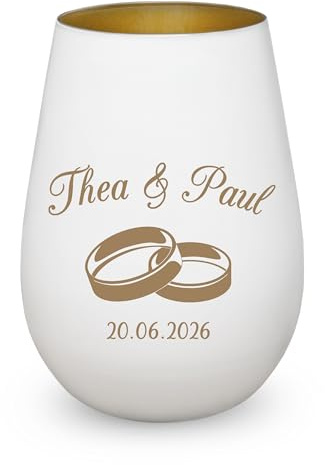 Windlicht Hochzeit Hochzeitsgeschenk Namen Symbol Liebe Ringe Weiß Gold | Wunschnamen und Datum, Geschenk für Paare, Valentinstag, Jahrestag, Verlobung, Silberhochzeit, Goldhochzeit