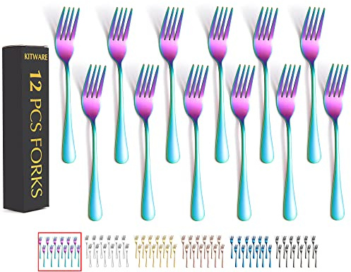 Rainbow Fork Set Of 12 Pieces, Iridescent Silverware Salad Forks, Stainless Steel Cutlery, KITWARE Kitchen Utensils, New Appartment Essential Tableware