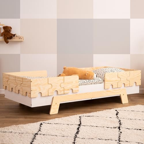 smartwood Kinderbett mit Lattenrost und Rausfallschutz Puzzle BR2 Montessori einzelbett für Jungen und Mädchen - Bett aus Kiefer Sperrholz mit Rausfallschutz und Lattenrost - Weiß - 70x140 cm
