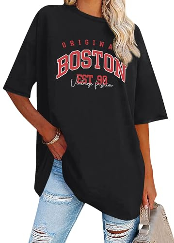 Dresswel överdimensionerad t-shirt damer Kalifornien bokstavstryck vintage t-shirt kortärmad rund hals sommar toppar lös blus lång tunika topp för tonåringar flickor, 4-svart, M