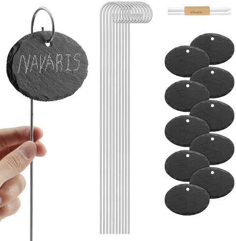 Navaris 10x Schiefer Pflanzenschilder mit 40cm Metallstab - mit Kreide - 10 x 7cm - Pflanzenstecker zum Beschriften - Garten Schiefertafel Schilder - oval
