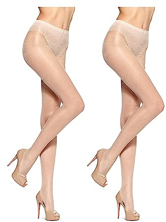 HUE Women's Toeless Sheer Tights with Lace Control Top, Natural - 2 Pair Pack, 3