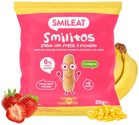 Smileat - Smilitos Snack - Sabor a Fresa y Plátano - Merienda divertida para peques desde 8 Meses - 1 Bolsa de 25g