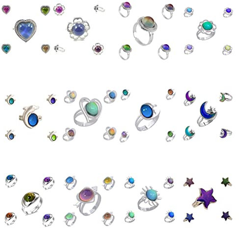 ifundom 12 Stück Stimmungsringe Farbwechsel Fingerring Verstellbar Offener Ring 12 Formen Delphin Mond Sonne Herz Pfeil Meeresstern Stern Augen Strohhut Geschenk