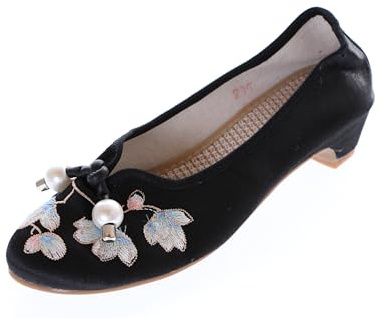 BJ-001 svarta blommor broderade vintage qipao hampau ballerina platt kinesisk fritid tyg skor tofflor pumps halkfria, svart, 37 EU Schmal
