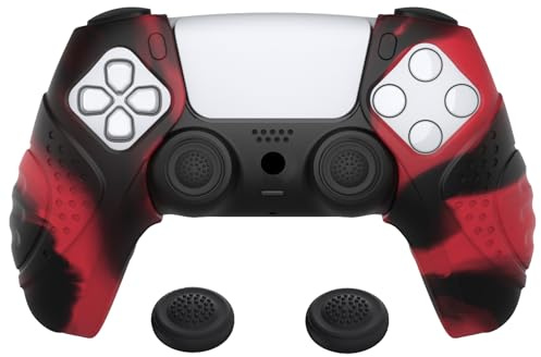 PlayVital Cover Grip per ps5 Controller, Guardian-Rosso Nero | Grip Ergonomici Separati, Custodia Silicone Antiscivolo, 2 Copri Levette Analogiche, Compatibile con Base di Ricarica
