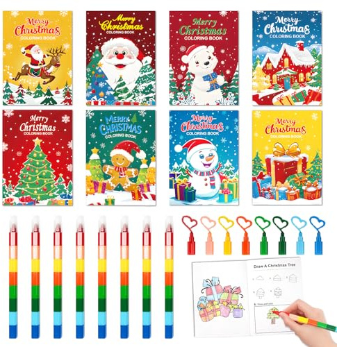 Ekukeon Set 8 Mini Malbücher Weihnachten mit 8 Schachteln Buntstiften Malbuch Kinder Gastgeschenke, Mini Malbuch Strumpf Goodie Tasche Füller Party Zubehör