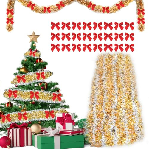 Guirlande Noel Sapin 10m + 24pcs Noeud Rouge Noel, Decoration Noel Interieur Maison, Couronne de Noel, Guirlande Sapin de Noel, Noeud Sapin de Noel Artificiel, Guirlandes de Noël Sapin