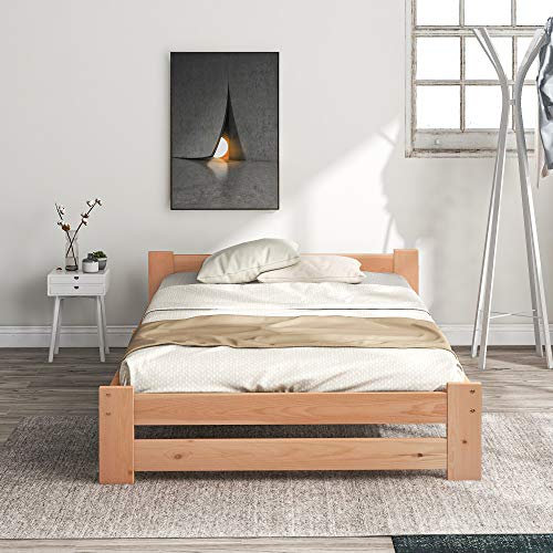 Solide Massivholzbett Futonbett Massivholz Natur Bett aus mit Kopfteil und Lattenrost, Natur (90x200CM)
