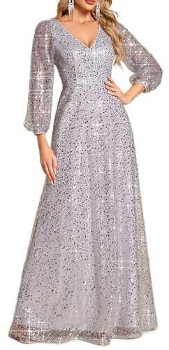 Ever-Pretty Abendkleid Damen Lang Pailletten Partykleid Weihnachtskleid Cocktail für Hochzeit Festliche Winterkleid Silber 36