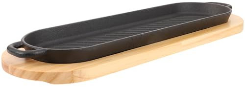 MAGICLULU Plaque à Steak En Fonte Épaisse Avec Double Poignée Et Fond En Bois, Poêle à Griller Antiadhésive Pour Cuisson Maison, Plateau De Service Solide Pour Barbecue Cuisine Familiale