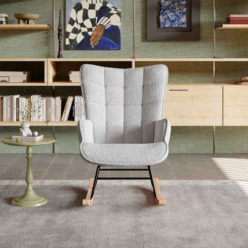 DAHUEN Schaukelstuhl, Entspannungsstuhl, Stillstuhl, gepolstert, skandinavischer Relaxsessel, Rocking Chair aus Teddy-Stoff, Beige, maximale Belastung 130 kg (Hellgrau)