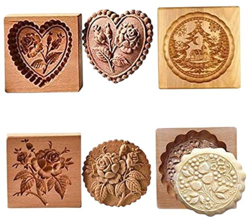 4 piezas de moldes de galletas de madera, 3D tallado 4 molde de mantequilla de mantequería de 3.9 pulgadas, moldes de galletas reutilizables para para hornear