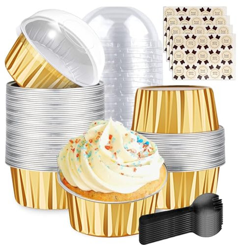50Pcs Aluminum Foil Baking Cups with Lids and Spoons, 150ml Mini Cake Tins Containers Cupcake Cases Small Baking Pans Loaf Cups with 50pcs Stickers for Home Baking (Gold)