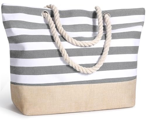 sprecenk Strandtasche Damen Große Sommertaschen, Wasserdicht Familie Einkaufstasche Beach Tote Bag Schulterhandtaschen mit Reißverschluss für Strand Reisen Fitnessstudio Einkaufen, Hellgrau